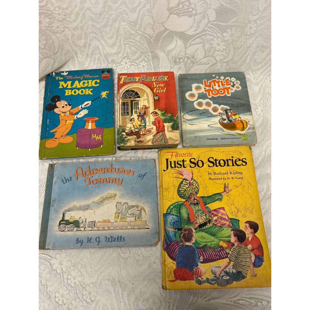 Vintage Childrens Book Lot Mickey Mouse Little Toot Just So Stories H.G. Wells